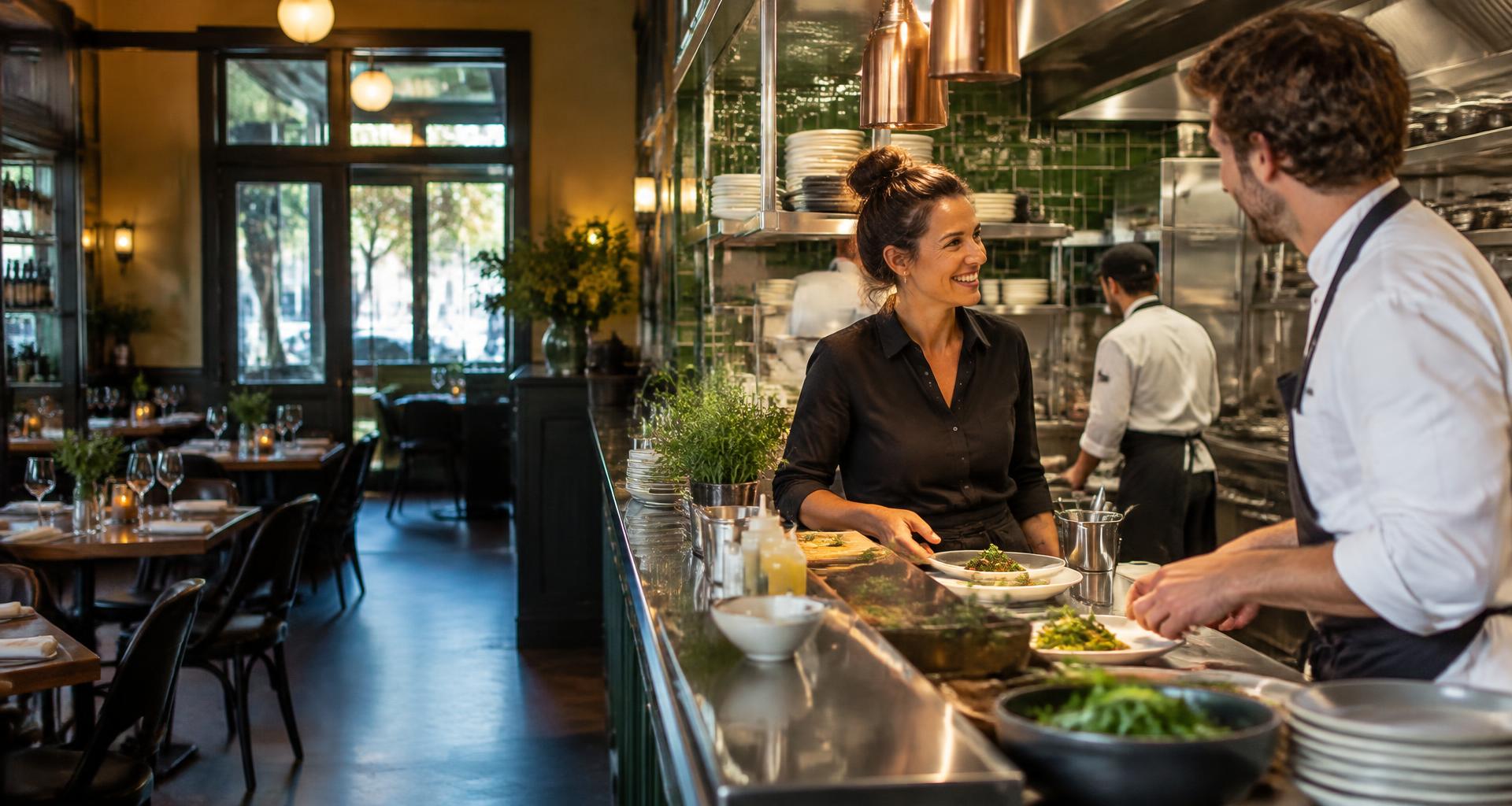Une responsable et un chef dans la cuisine d'un restaurant